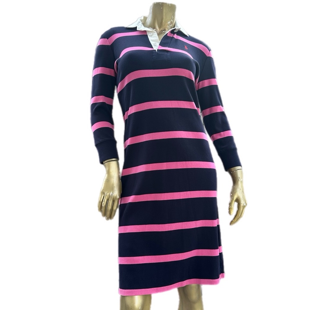 Vintage Ralph Lauren blue label navy blue/pink cotton stripe polo shirt dresss S